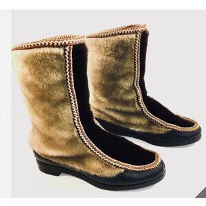 Vintage Snowland Fur-Lined Winter Boots Brown Tan Leather Rubber Sole Size 7